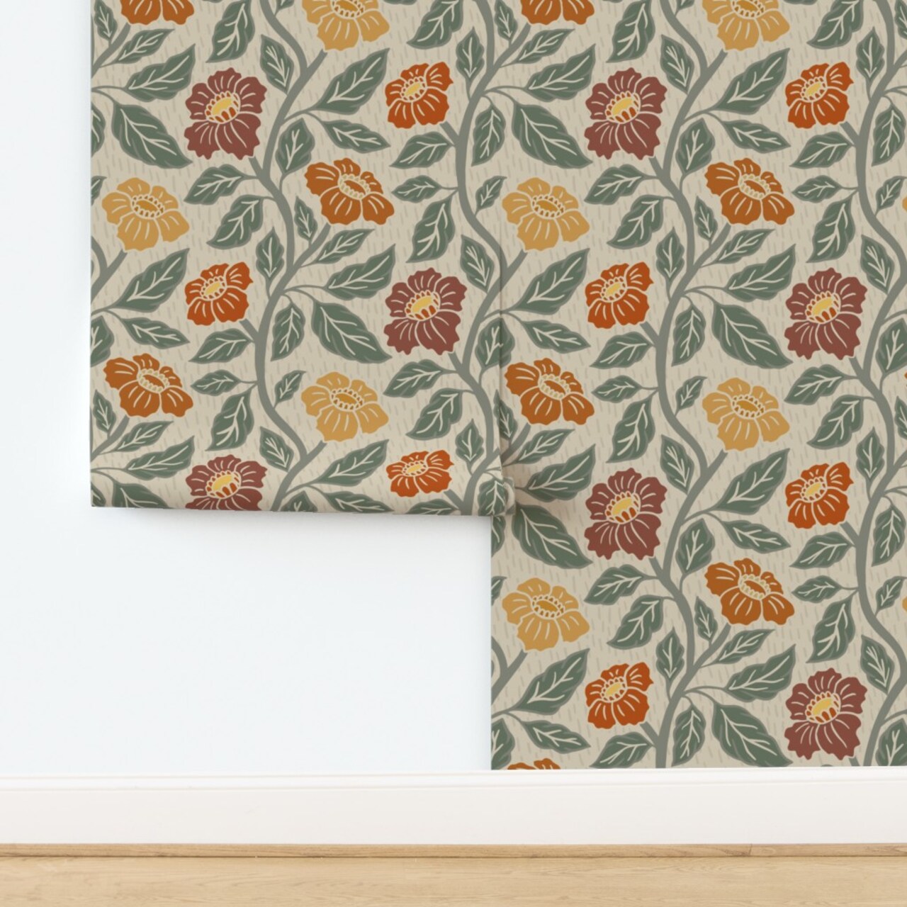Autumn Green Red Orange Traditional Botanical Historical Earth Tones Arts And Crafts Custom Pre-pasted Wallpaper by Spoonflower Pre-Pasted Wallpaper 2FT Wide
